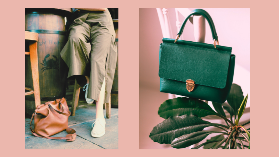 Woman on bar stool with purse on floor and other image of hanging purse on back of a chair