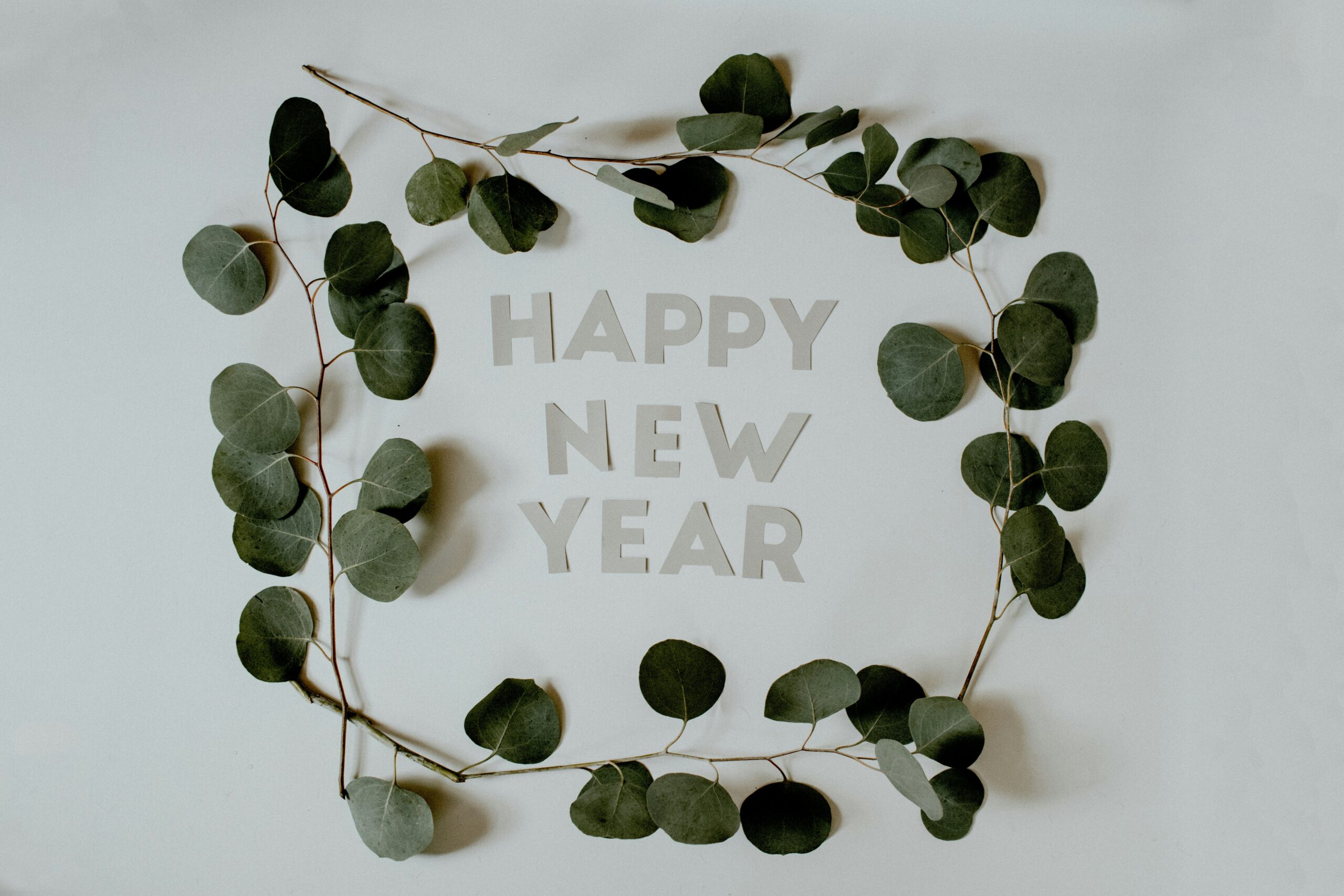 Photo with the words Happy New Year surrounded by green leaves
