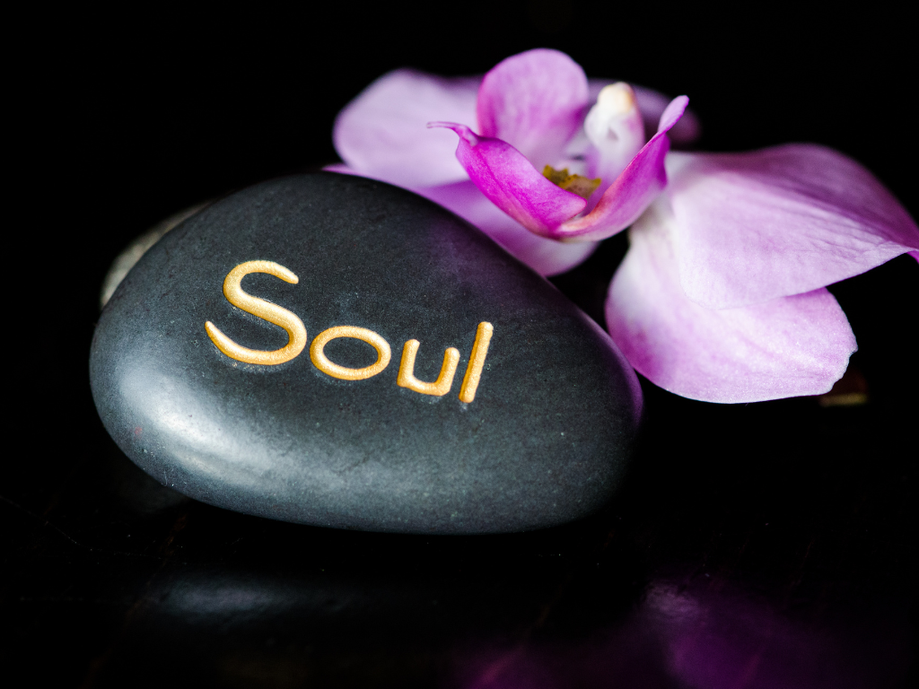 Black rock with the word soul etched on it and 2 pink orchids