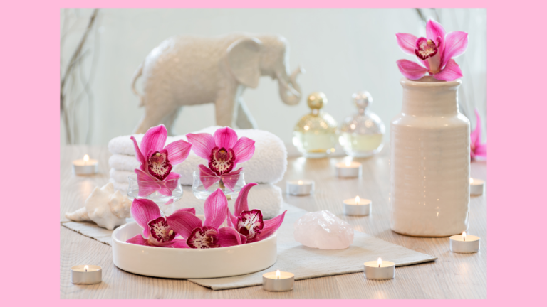 Pink orchids, rose quartz, candles and Earth element decor representing the Feng Shui Relationship Gua.